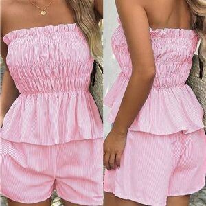 SHEIN 2–Piece Ruched Strapless Peplum Top and Shorts (Pink & White)